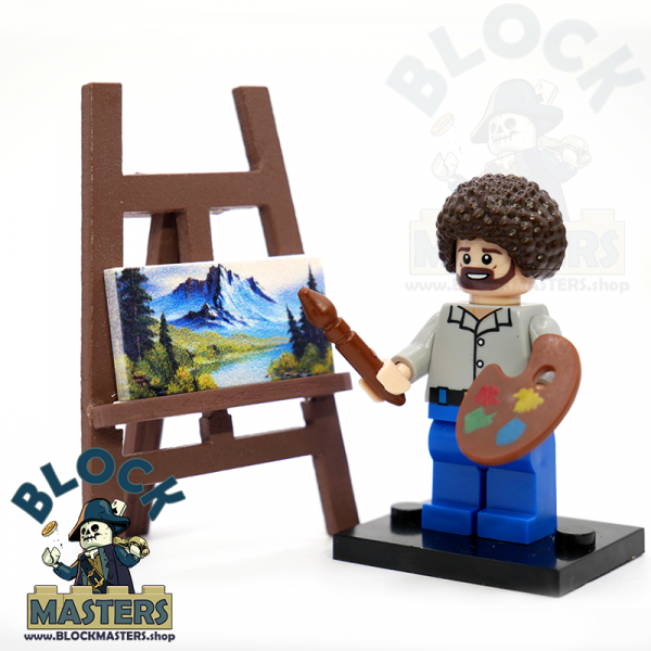Bob Ross Lego Minifigure with Easel and Painting
